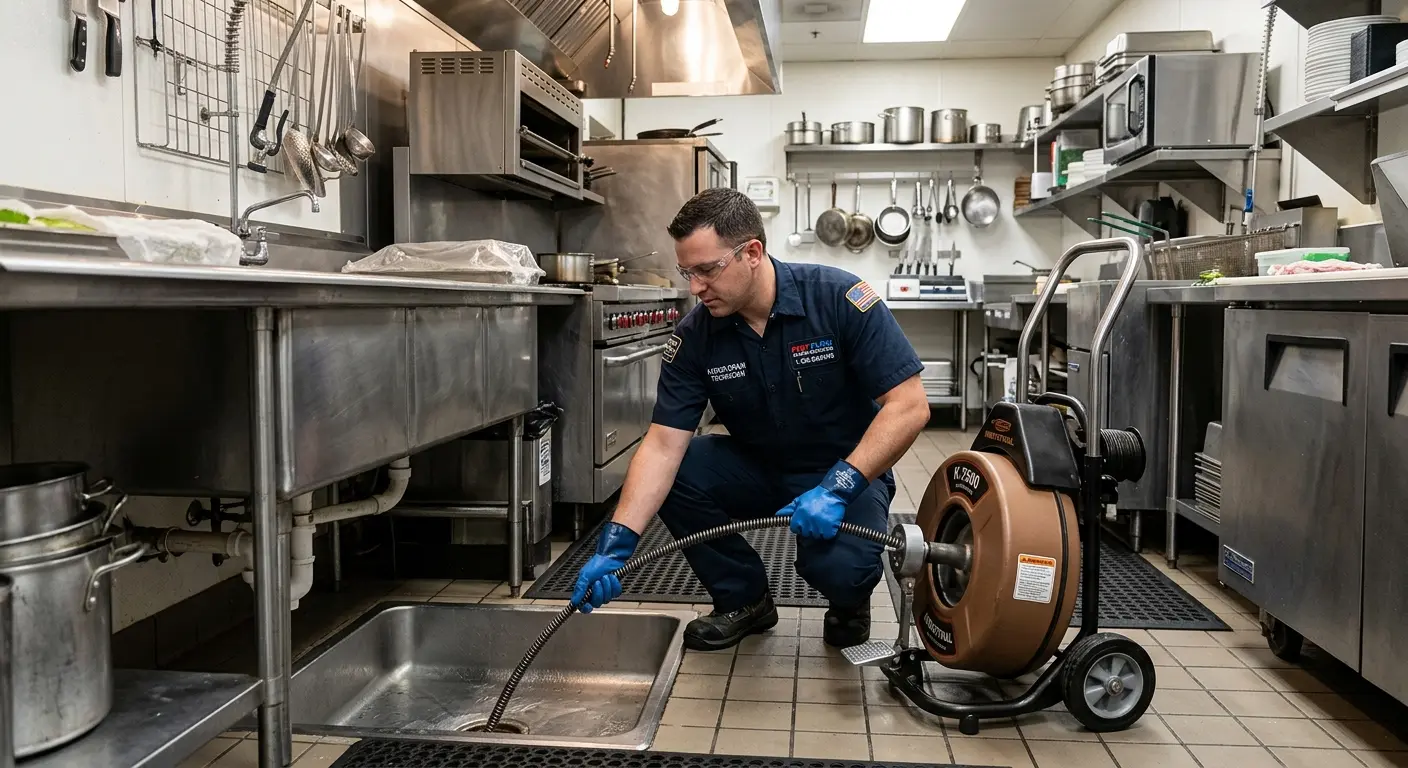 Commercial drain cleaning service in a restaurant kitchen in Columbus