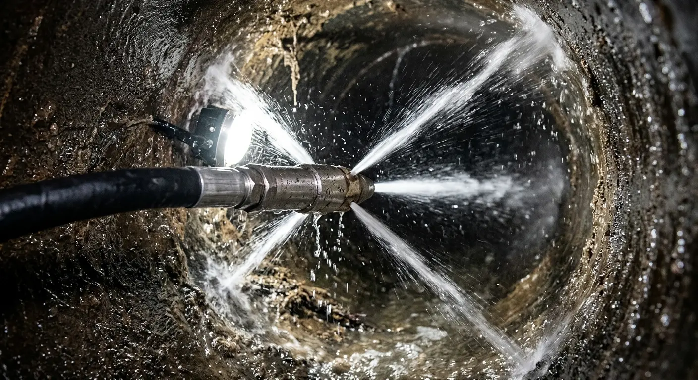 High-pressure hydro jetting nozzle cleaning sewer pipe for Emergency Drain Service in Columbus