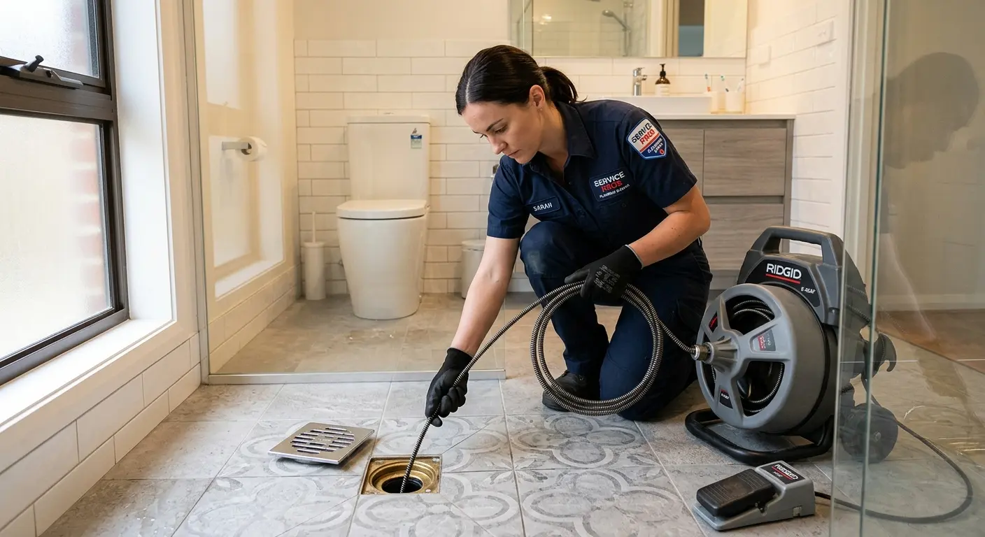 Technician clearing a bathroom floor drain for Sewer Line Installation in Columbus